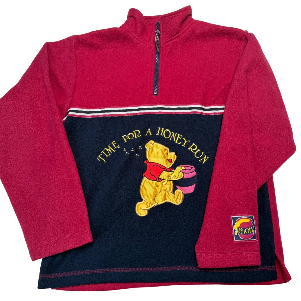 Vintage 90s Disney Winnie the Pooh Fleece Quarter Zip Pullover Red Navy XL 16‎